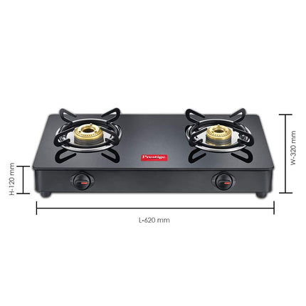 Prestige IRIS Toughened Glass-Top 2 Brass Burner LPG Gas Stove | Black | Spill Proof | Ergonomic Knobs | Tri-Pin Brass Burners |Open 
