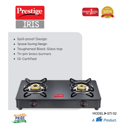 Prestige IRIS Toughened Glass-Top 2 Brass Burner LPG Gas Stove | Black | Spill Proof | Ergonomic Knobs | Tri-Pin Brass Burners |Open 