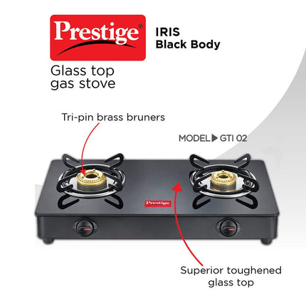 Prestige IRIS Toughened Glass-Top 2 Brass Burner LPG Gas Stove | Black | Spill Proof | Ergonomic Knobs | Tri-Pin Brass Burners |Open 