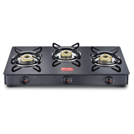 Prestige IRIS Toughened Glass-Top 3 Brass Burner LPG Gas Stove | Black Spill Proof Design | Ergonomic Knob | Tri-Pin Burners |Open 