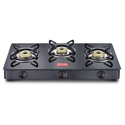Prestige IRIS Toughened Glass-Top 3 Brass Burner LPG Gas Stove | Black Spill Proof Design | Ergonomic Knob | Tri-Pin Burners |Open 