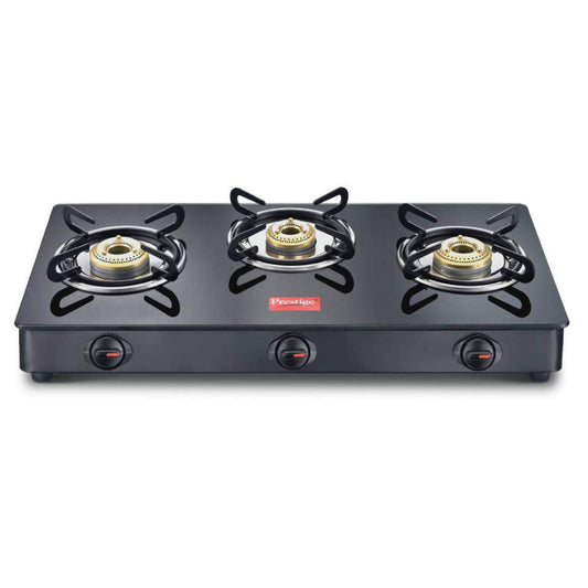 Prestige IRIS Toughened Glass-Top 3 Brass Burner LPG Gas Stove | Black Spill Proof Design | Ergonomic Knob | Tri-Pin Burners |Open 