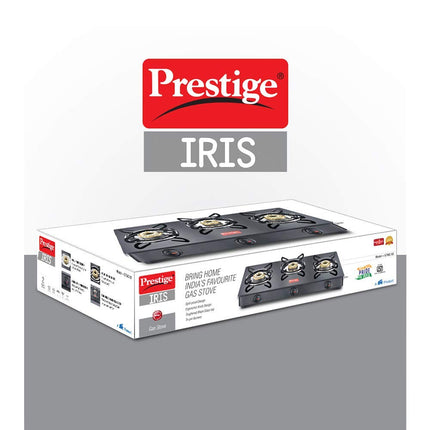 Prestige IRIS Toughened Glass-Top 3 Brass Burner LPG Gas Stove | Black Spill Proof Design | Ergonomic Knob | Tri-Pin Burners |Open 