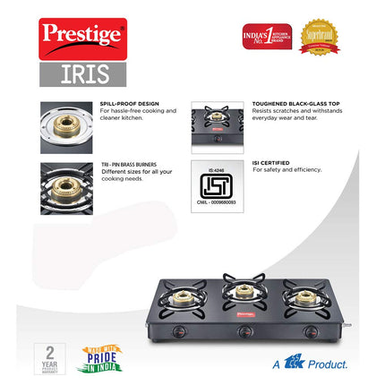 Prestige IRIS Toughened Glass-Top 3 Brass Burner LPG Gas Stove | Black Spill Proof Design | Ergonomic Knob | Tri-Pin Burners |Open 