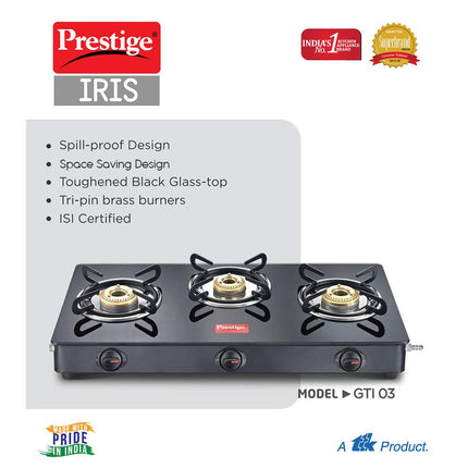 Prestige IRIS Toughened Glass-Top 3 Brass Burner LPG Gas Stove | Black Spill Proof Design | Ergonomic Knob | Tri-Pin Burners |Open 