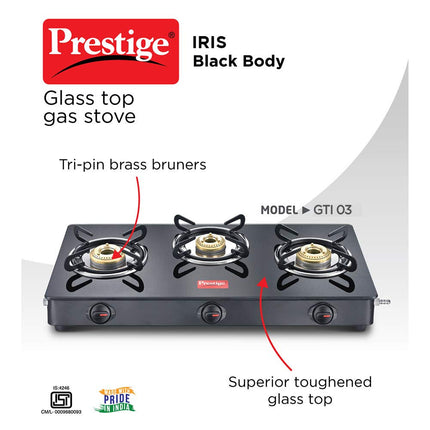 Prestige IRIS Toughened Glass-Top 3 Brass Burner LPG Gas Stove | Black Spill Proof Design | Ergonomic Knob | Tri-Pin Burners |Open 