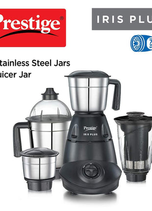 Prestige Iris 750 Watt 4 Jar Mixer Grinder | 3 Stainless Steel Multipurpose Jars and 1 Juicer Jar | Black | 750W 