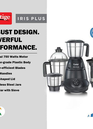 Prestige Iris 750 Watt 4 Jar Mixer Grinder | 3 Stainless Steel Multipurpose Jars and 1 Juicer Jar | Black | 750W 