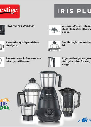 Prestige Iris 750 Watt 4 Jar Mixer Grinder | 3 Stainless Steel Multipurpose Jars and 1 Juicer Jar | Black | 750W 