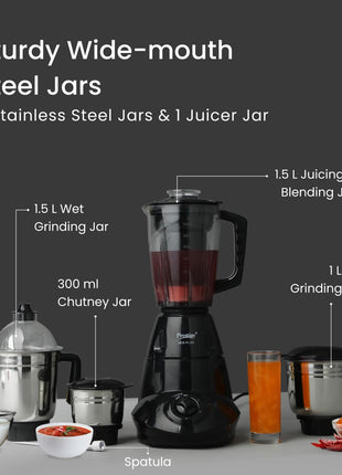 Prestige Iris 750 Watt 4 Jar Mixer Grinder | 3 Stainless Steel Multipurpose Jars and 1 Juicer Jar | Black | 750W 