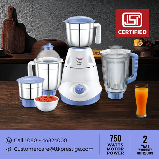 Prestige Iris 750 Watt Mixer Grinder with 3 Stainless Steel Jar + 1 Juicer Jar (White and Blue)