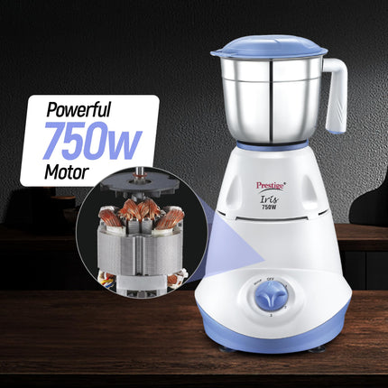 Prestige Iris 750 Watt Mixer Grinder with 3 Stainless Steel Jar + 1 Juicer Jar (White and Blue) 