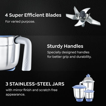 Prestige Iris 750 Watt Mixer Grinder with 3 Stainless Steel Jar + 1 Juicer Jar (White and Blue) 