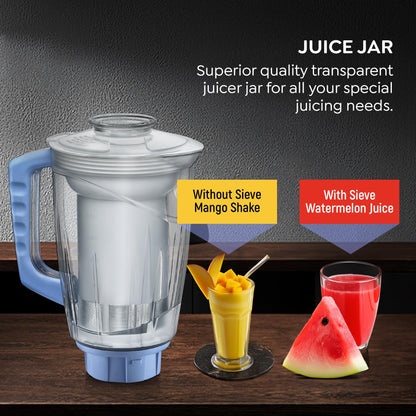 Prestige Iris 750 Watt Mixer Grinder with 3 Stainless Steel Jar + 1 Juicer Jar (White and Blue) 