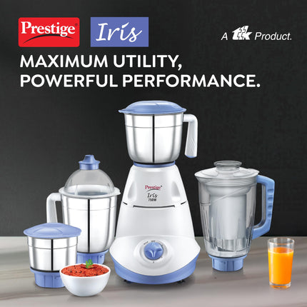 Prestige Iris 750 Watt Mixer Grinder with 3 Stainless Steel Jar + 1 Juicer Jar (White and Blue) 