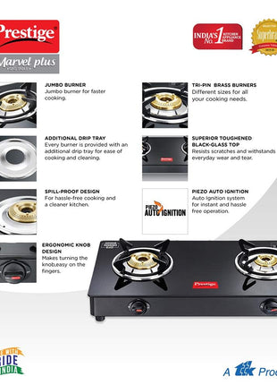 Prestige Marvel Plus Auto Ignition 2 Burner Glass top GTM 02 AI Black 