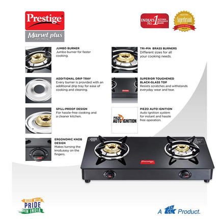 Prestige Marvel Plus Auto Ignition 2 Burner Glass top GTM 02 AI Black 