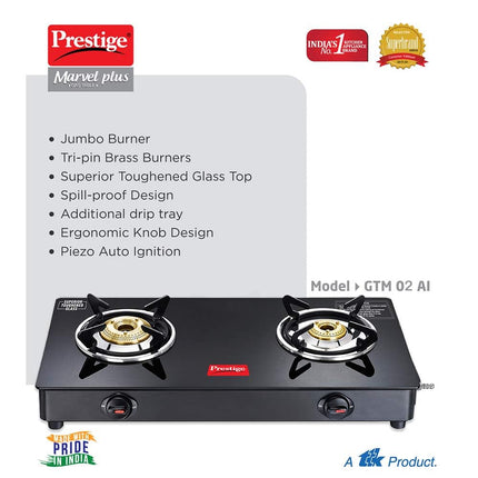 Prestige Marvel Plus Auto Ignition 2 Burner Glass top GTM 02 AI Black 