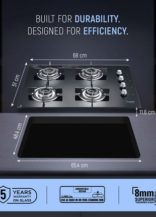 Prestige Marvella Hob Black Al - 4B (With Glass Top, 4 Unit Burners & Auto Ignition) 