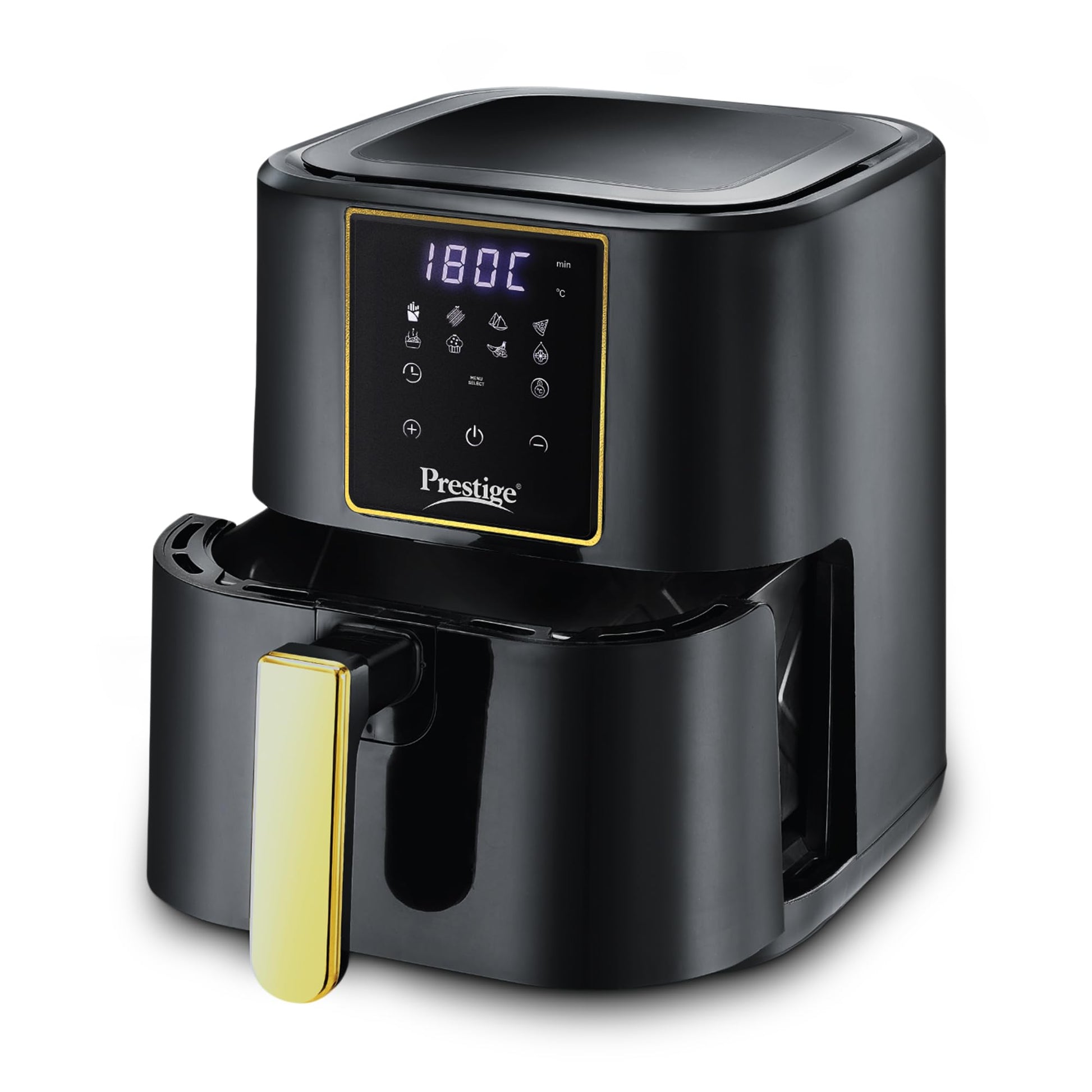 Prestige Nutrifry Electric Digital Air Fryer| 80% less Oil Consumption|4.5L Capacity |1200 Watts Power|Fry,Grill,Roast,Bake,Reheat|Digital Display with 8 Preset Menu|Easy to Clean Frying Basket|Black 