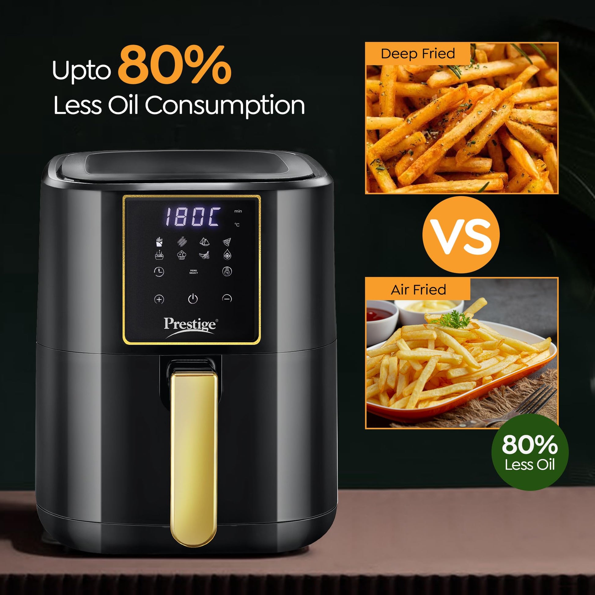 Prestige Nutrifry Electric Digital Air Fryer| 80% less Oil Consumption|4.5L Capacity |1200 Watts Power|Fry,Grill,Roast,Bake,Reheat|Digital Display with 8 Preset Menu|Easy to Clean Frying Basket|Black 