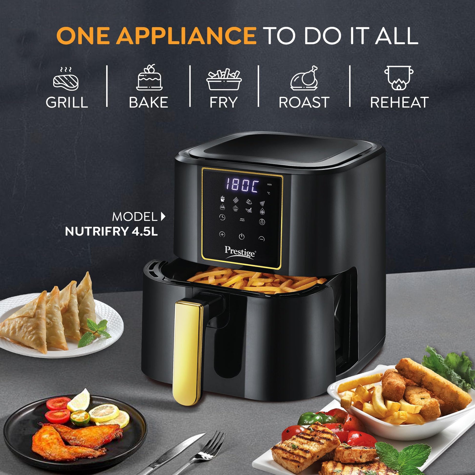 Prestige Nutrifry Electric Digital Air Fryer| 80% less Oil Consumption|4.5L Capacity |1200 Watts Power|Fry,Grill,Roast,Bake,Reheat|Digital Display with 8 Preset Menu|Easy to Clean Frying Basket|Black 