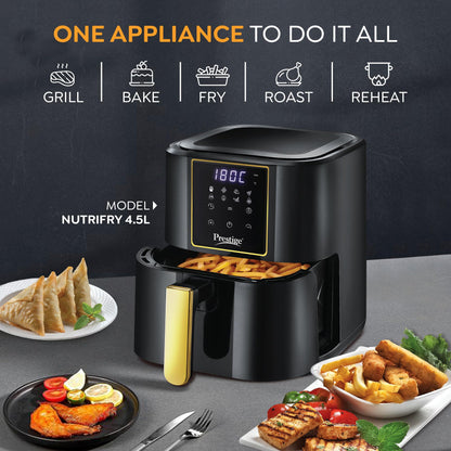 Prestige Nutrifry Electric Digital Air Fryer| 80% less Oil Consumption|4.5L Capacity |1200 Watts Power|Fry,Grill,Roast,Bake,Reheat|Digital Display with 8 Preset Menu|Easy to Clean Frying Basket|Black 