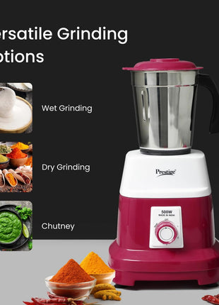 Prestige Orion 500 Watts Mixer Grinder with 3 Stainless Steel Jars |3 Super Efficient Stainless Blades |Sturdy Handles|Red & White 
