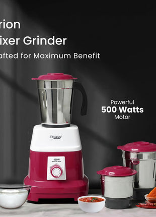 Prestige Orion 500 Watts Mixer Grinder with 3 Stainless Steel Jars |3 Super Efficient Stainless Blades |Sturdy Handles|Red & White 
