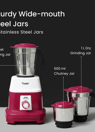 Prestige Orion 500 Watts Mixer Grinder with 3 Stainless Steel Jars |3 Super Efficient Stainless Blades |Sturdy Handles|Red & White 