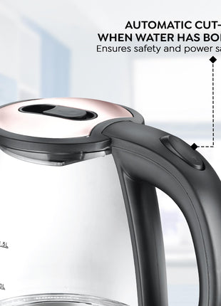 Prestige PKGB 1.8 Litre Electric Glass Kettle| LED Power Indicator| Borosilicate Glass| Automatic Power Cut-Off| Concealed Element| 360 Degree Swivel| Cool Touch Handle 