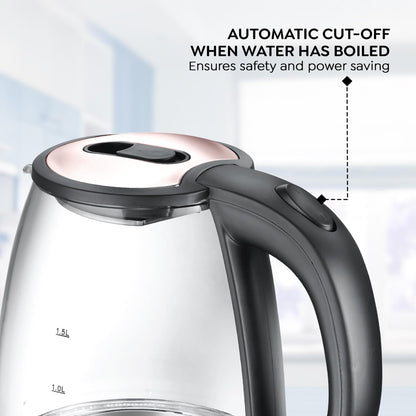 Prestige PKGB 1.8 Litre Electric Glass Kettle| LED Power Indicator| Borosilicate Glass| Automatic Power Cut-Off| Concealed Element| 360 Degree Swivel| Cool Touch Handle 