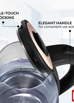 Prestige PKGB 1.8 Litre Electric Glass Kettle| LED Power Indicator| Borosilicate Glass| Automatic Power Cut-Off| Concealed Element| 360 Degree Swivel| Cool Touch Handle 