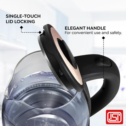 Prestige PKGB 1.8 Litre Electric Glass Kettle| LED Power Indicator| Borosilicate Glass| Automatic Power Cut-Off| Concealed Element| 360 Degree Swivel| Cool Touch Handle 