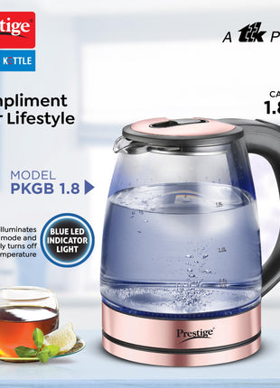 Prestige PKGB 1.8 Litre Electric Glass Kettle| LED Power Indicator| Borosilicate Glass| Automatic Power Cut-Off| Concealed Element| 360 Degree Swivel| Cool Touch Handle 
