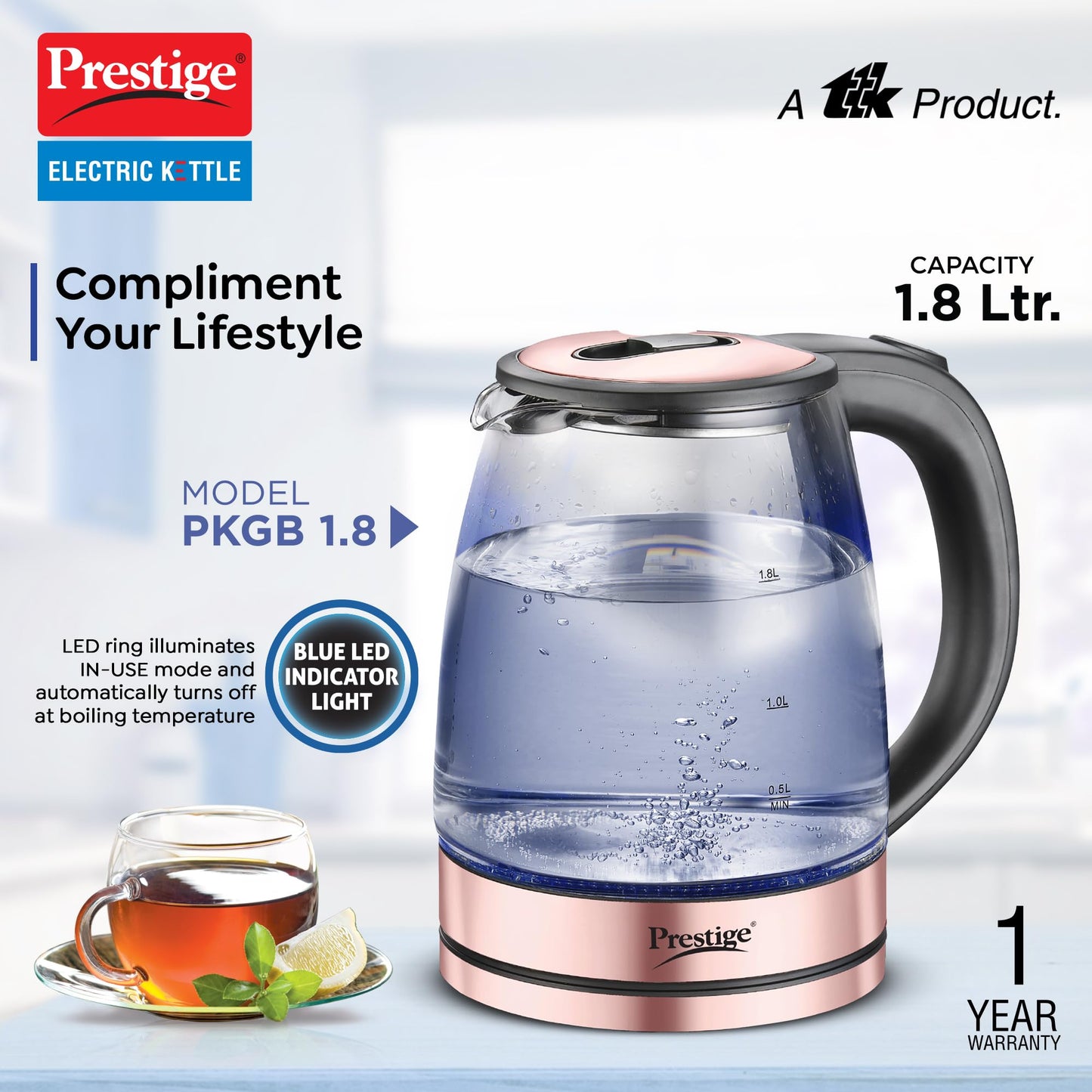 Prestige PKGB 1.8 Litre Electric Glass Kettle| LED Power Indicator| Borosilicate Glass| Automatic Power Cut-Off| Concealed Element| 360 Degree Swivel| Cool Touch Handle 