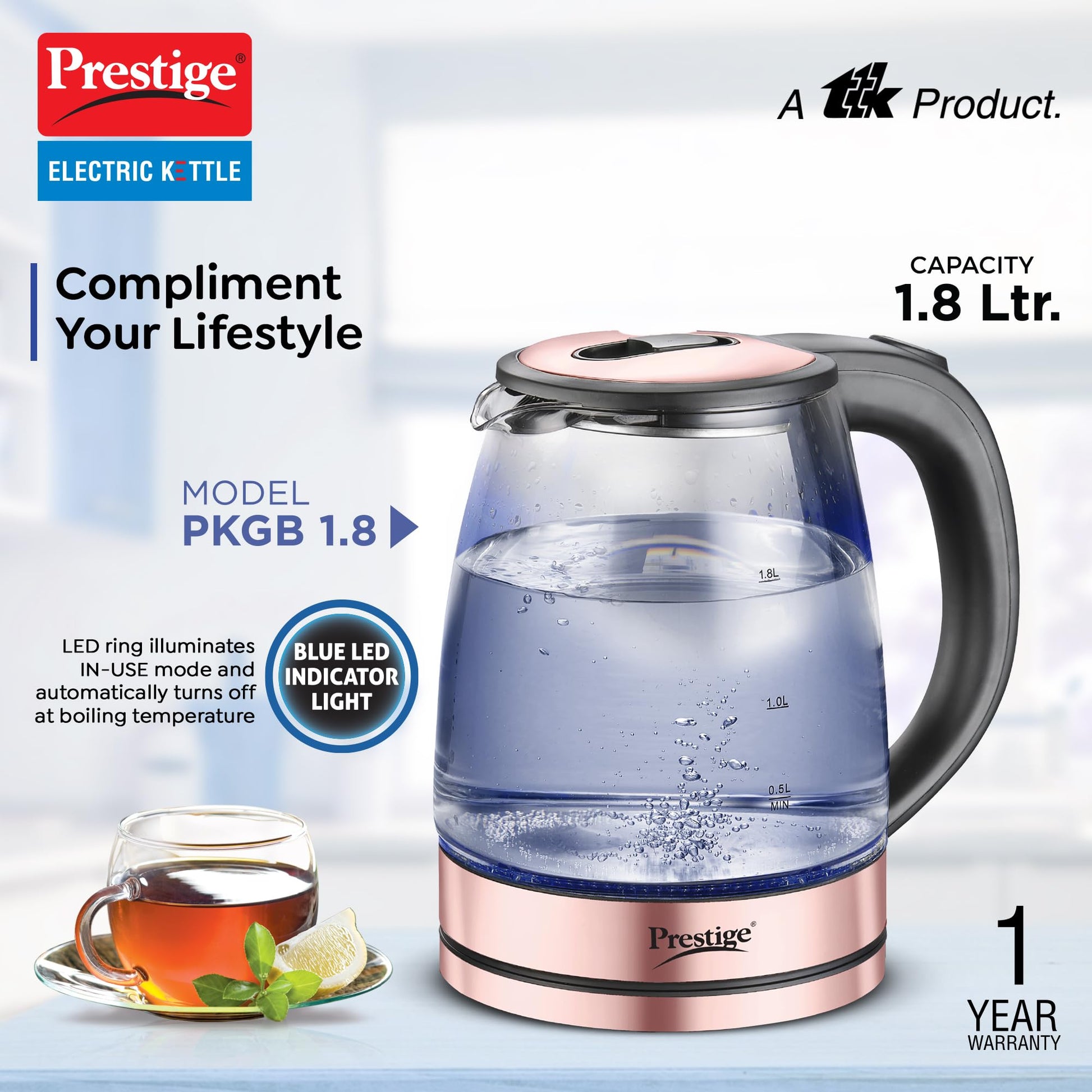 Prestige PKGB 1.8 Litre Electric Glass Kettle| LED Power Indicator| Borosilicate Glass| Automatic Power Cut-Off| Concealed Element| 360 Degree Swivel| Cool Touch Handle 