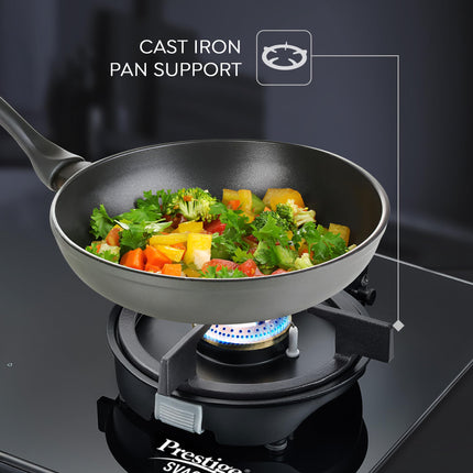 Prestige Svachh Efficia 02AI Hob LP Gas Table|One Touch Advanced Auto Ignition| 8mm Thick superior Toughened Glass|Cast Iron Pan Support|Brass Burners-2|Black 