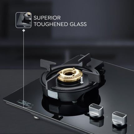 Prestige Svachh Efficia 02AI Hob LP Gas Table|One Touch Advanced Auto Ignition| 8mm Thick superior Toughened Glass|Cast Iron Pan Support|Brass Burners-2|Black 