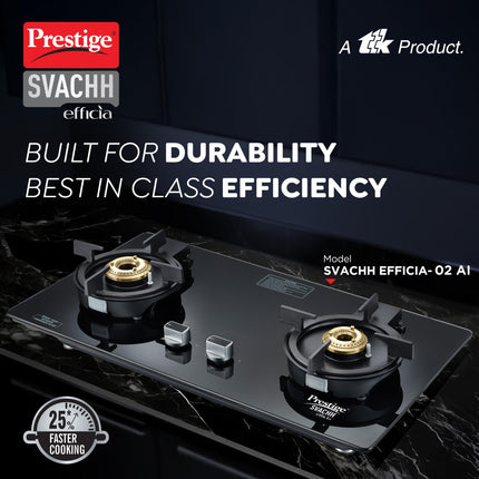 Prestige Svachh Efficia 02AI Hob LP Gas Table|One Touch Advanced Auto Ignition| 8mm Thick superior Toughened Glass|Cast Iron Pan Support|Brass Burners-2|Black 