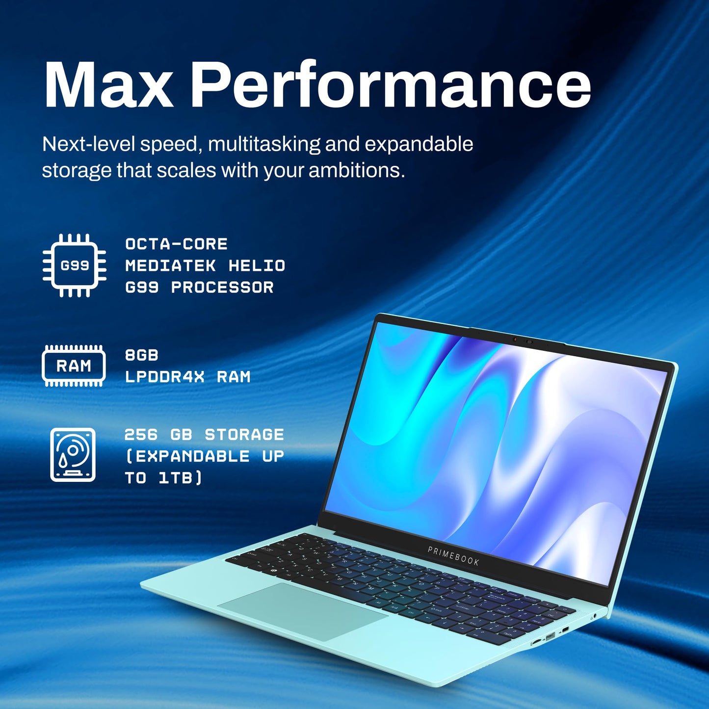 Primebook 2 Max 2025 (New Launch) | 8GB RAM, 256GB UFS Storage | 15.6-Inch Full HD IPS Display | 12hrs Battery | MediaTek Helio G99 | Android 15 (PrimeOS 3.0) | Backlit Keyboard | in-Built AI | Aqua 