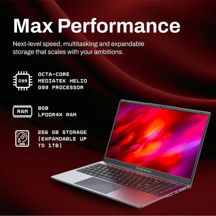 Primebook 2 Max 2025 (New Launch) | 8GB RAM, 256GB UFS Storage | 15.6-Inch Full HD IPS Display | 12hrs Battery | MediaTek Helio G99 | Android 15 (PrimeOS 3.0) | Backlit Keyboard | in-Built AI (Gray) 