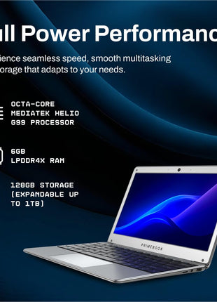 Primebook 2 Neo 2025 (New Launch) | 6GB RAM, 128GB Storage (Upgradable Upto 512GB) | MediaTek Helio G99 | Android 15 (PrimeOS3.0) | in-Built AI | 11.6” Thin & Light Laptop | Type-C, USB, MicroSD Ports 