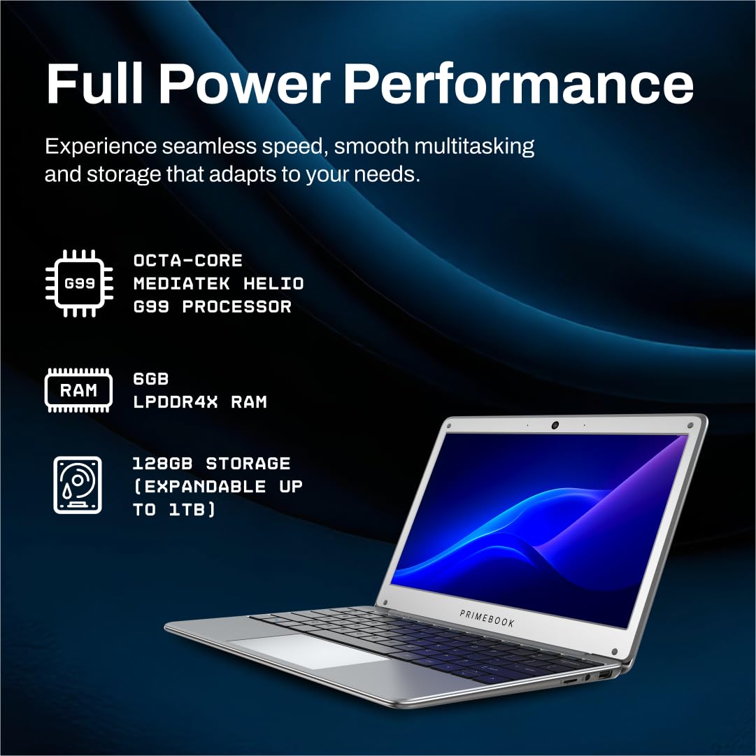 Primebook 2 Neo 2025 (New Launch) | 6GB RAM, 128GB Storage (Upgradable Upto 512GB) | MediaTek Helio G99 | Android 15 (PrimeOS3.0) | in-Built AI | 11.6” Thin & Light Laptop | Type-C, USB, MicroSD Ports 