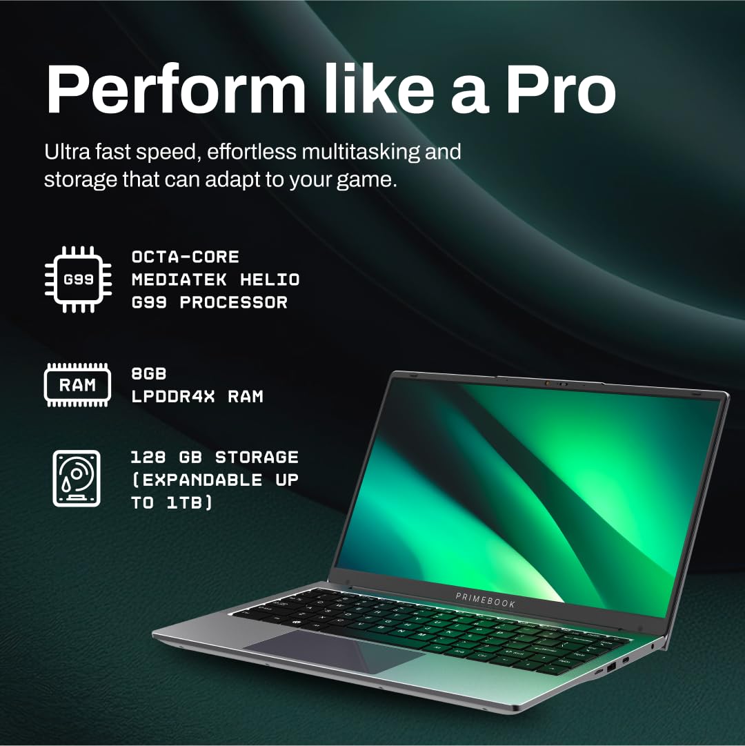 Primebook 2 Pro 2025 (New Launch) | 8GB RAM, 128GB UFS Storage | 14.1-Inch FHD IPS Display | 14 Hours Battery | MediaTek Helio G99 | Android 15 (PrimeOS 3.0) | Backlit Keyboard | in-Built AI (Gray) 