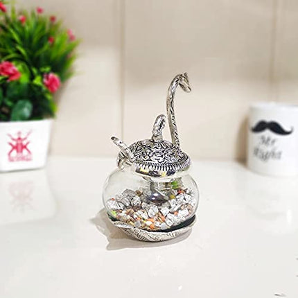 Prince Home Decor & Gifts Aluminum Duck Shaped Blue Colored Glass Bowl Tray Set with Spoon (11 x 15 x 11 cm, Silver) 