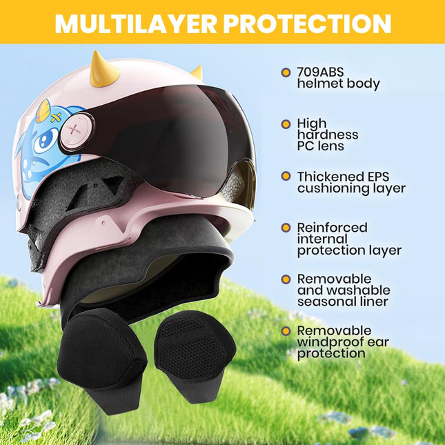 Proberos® Kids Bike Helmet 3D Cartoon, Adjustable Chin Strap, Cushioned Lining, Safety Helmet for Boys & Girls Ages 4-15, Removable Ear Pads, Anti-Glare Visor for Bike & Scooter 