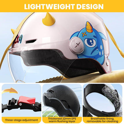 Proberos® Kids Bike Helmet 3D Cartoon, Adjustable Chin Strap, Cushioned Lining, Safety Helmet for Boys & Girls Ages 4-15, Removable Ear Pads, Anti-Glare Visor for Bike & Scooter 
