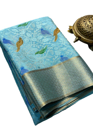 Pure Brocade Mysore Silk Sarees, Jacquard Blouse, Parrots Design, Blue Saree 