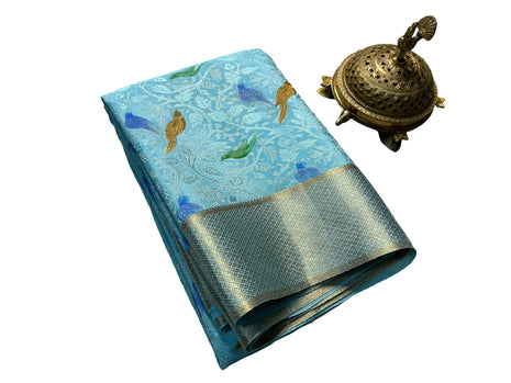 Pure Brocade Mysore Silk Sarees, Jacquard Blouse, Parrots Design, Blue Saree 